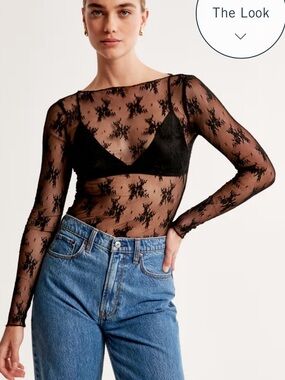 Abercrombie & Fitch Black Floral Lace Long-Sleeve Top